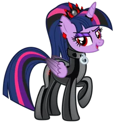 Size: 4684x4995 | Tagged: safe, alternate version, artist:severity-gray, derpibooru import, twilight sparkle, twilight sparkle (alicorn), alicorn, pony, altered cutie mark, alternate hairstyle, alternate timeline, alternate universe, bodysuit, clothes, collar, collar ring, corrupted, corrupted twilight sparkle, crown, cutie mark, cutie mark on clothes, dark magic, ear piercing, eyeshadow, horn, horn ring, image, jewelry, latex, latex suit, looking at you, magic, makeup, piercing, png, raised hoof, red eyes, regalia, ring, shiny, simple background, solo, tight clothing, transparent background