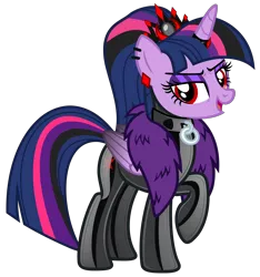 Size: 4684x4995 | Tagged: safe, alternate version, artist:severity-gray, derpibooru import, twilight sparkle, twilight sparkle (alicorn), alicorn, pony, altered cutie mark, alternate hairstyle, alternate timeline, alternate universe, bodysuit, clothes, collar, collar ring, corrupted, corrupted twilight sparkle, crown, cutie mark, cutie mark on clothes, dark magic, ear piercing, eyeshadow, feather boa, horn, horn ring, image, jewelry, latex, latex suit, looking at you, magic, makeup, piercing, png, raised hoof, red eyes, regalia, ring, shiny, simple background, solo, tight clothing, transparent background