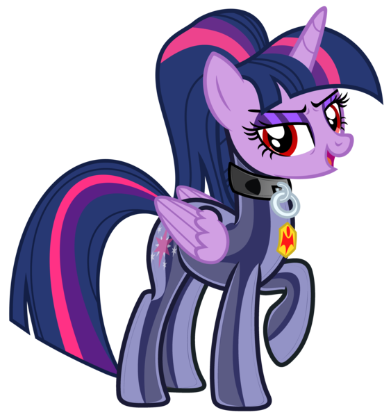 Size: 4684x4995 | Tagged: suggestive, alternate version, artist:severity-gray, derpibooru import, twilight sparkle, twilight sparkle (alicorn), alicorn, pony, alternate hairstyle, collar, cutie mark, dinaranger, eyeshadow, female, image, latex, latex suit, living latex, living suit, looking at you, makeup, mare, mind control, png, raised hoof, red eyes, rubber, simple background, solo, transparent background, wings, zofa