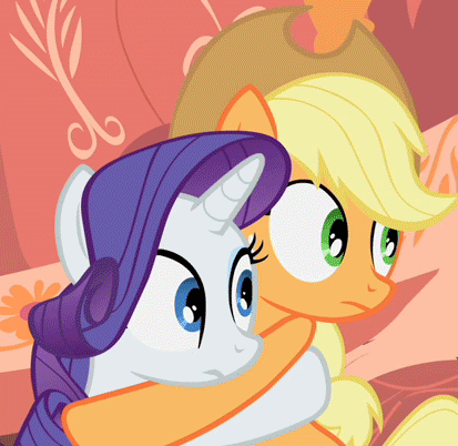 Size: 413x402 | Tagged: safe, derpibooru import, screencap, applejack, rarity, earth pony, pony, unicorn, look before you sleep, animated, blinking, duo, eye contact, female, friendshipping, gif, golden oaks library, hug, image, library, looking at each other, loop, mare, shipping fuel