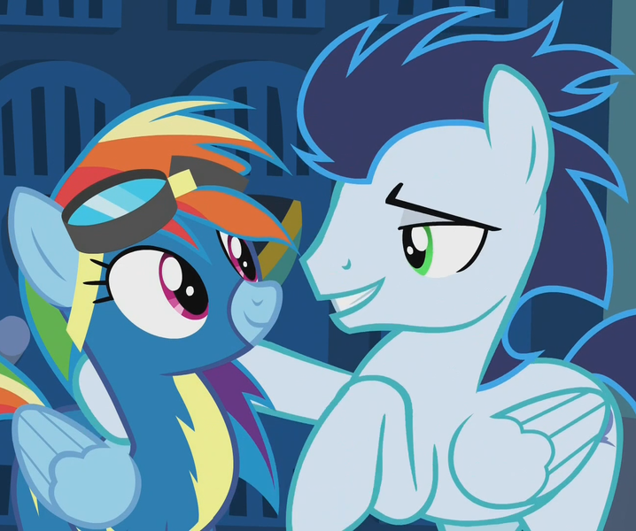 Size: 1292x1080 | Tagged: safe, derpibooru import, screencap, rainbow dash, soarin', pegasus, pony, grannies gone wild, clothes, cropped, eye contact, female, goggles, image, looking at each other, male, mare, png, raised hoof, shipping fuel, smiling, stallion, uniform, wonderbolts uniform