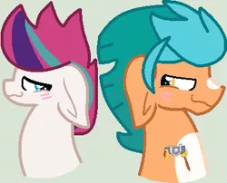 Size: 380x307 | Tagged: safe, artist:jadethepegasus, artist:madzbases, derpibooru import, hitch trailblazer, zipp storm, earth pony, pegasus, pony, base used, blushing, female, g5, gray background, hitchzipp, image, looking at each other, male, mare, markings, png, shipping, simple background, stallion, straight