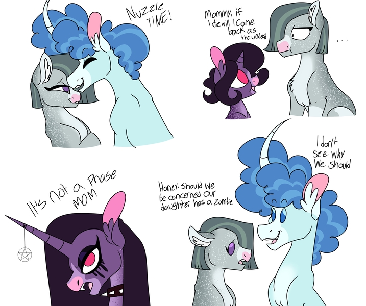 Size: 3287x2752 | Tagged: safe, artist:dodiejinx, derpibooru import, marble pie, party favor, oc, oc:amethyst glitterdream, earth pony, pony, unicorn, ..., choker, crack ship offspring, crack shipping, ear fluff, female, filly, goth, image, it's not a phase, jpeg, male, mare, mother and child, mother and daughter, no pupils, nuzzling, offspring, parent:marble pie, parent:party favor, shipping, short hair, simple background, spiked choker, stallion, straight, white background