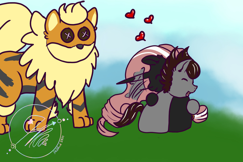 Size: 1500x1000 | Tagged: safe, artist:jbcblanks, derpibooru import, oc, unofficial characters only, arcanine, pegasus, unicorn, chibi, commission, cute, floating heart, heart, hug, image, jpeg, plushie, pokémon, sketch