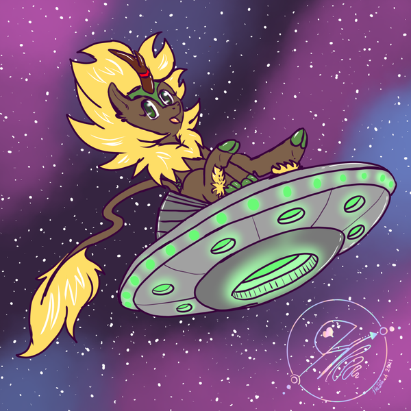 Size: 1000x1000 | Tagged: safe, artist:jbcblanks, derpibooru import, kirin oc, oc, unofficial characters only, kirin, blond, brown, commission, cute, gold, green, image, png, sitting, sketch, smiling, solo, space, spaceship, ufo, yellow