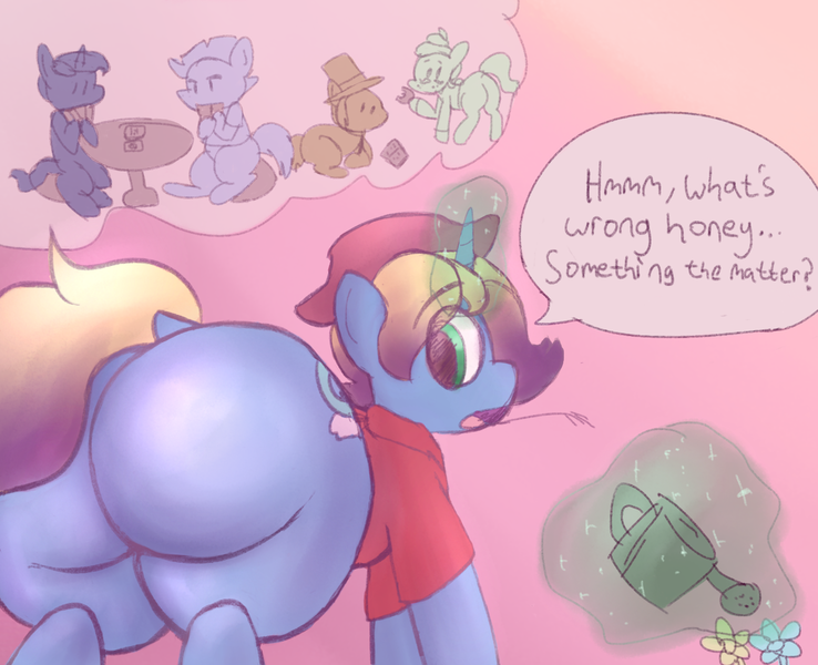 Size: 1600x1300 | Tagged: safe, artist:drabella, author:bigonionbean, derpibooru import, bow hothoof, gentle breeze, igneous rock pie, night light, oc, oc:aerial agriculture, alicorn, earth pony, pegasus, pony, unicorn, butt, card, clothes, commissioner:bigonionbean, cutie mark, dialogue, eating, extra thicc, fat, flank, fusion, fusion:aerial agriculture, hat, image, large butt, looking at you, looking back, magic, male, obese, plot, png, shirt, stallion, table, thought bubble, watering can