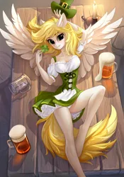 Size: 1000x1427 | Tagged: suggestive, alternate version, artist:tomatocoup, derpibooru import, oc, oc:dandelion blossom, anthro, pegasus, unguligrade anthro, adorasexy, alcohol, beer, blonde, blonde hair, blushing, breasts, candle, clothes, clover, corset, cute, dress, female, four leaf clover, hat, image, leprechaun hat, looking at you, pegasus oc, png, sexy, socks, solo, solo female, spread wings, table, tavern, thigh highs, underwear, white underwear, wings