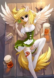Size: 1000x1427 | Tagged: suggestive, alternate version, artist:tomatocoup, derpibooru import, oc, oc:dandelion blossom, anthro, pegasus, unguligrade anthro, adorasexy, alcohol, beer, blonde, blonde hair, blushing, breasts, candle, clothes, clover, corset, cute, dress, female, four leaf clover, image, jpeg, leprechaun hat, looking at you, pegasus oc, sexy, socks, solo, solo female, spread wings, table, tavern, thigh highs, underwear, white underwear, wings
