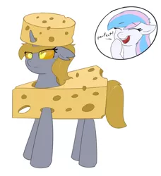 Size: 2139x2346 | Tagged: safe, artist:eyeburn, derpibooru import, oc, oc:changeling derpy, oc:starburn, unofficial characters only, changeling, pony, changeling oc, cheese, cheese hat, food, hat, image, offscreen character, png, unamused