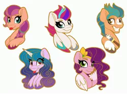 Size: 3540x2621 | Tagged: safe, artist:missbramblemele, derpibooru import, hitch trailblazer, izzy moonbow, pipp petals, sunny starscout, zipp storm, earth pony, pegasus, pony, unicorn, g5, :p, adorapipp, adorazipp, blaze (coat marking), blue eyes, braid, bust, colored wings, cute, eyelashes, female, green eyes, grin, high res, hoof fluff, hoof on cheek, horseshoes, image, izzybetes, jpeg, looking at you, male, mane five (g5), mare, markings, multicolored hair, multicolored wings, pink eyes, raised hoof, sash, simple background, smiling, socks (coat marking), stallion, stars, sunnybetes, teeth, tongue out, unshorn fetlocks, white background, wings, yellow eyes