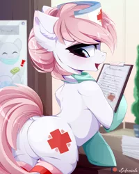 Size: 4000x5000 | Tagged: suggestive, artist:xsatanielx, derpibooru import, nurse redheart, earth pony, pony, absurd resolution, clipboard, clothes, dock, face mask, female, gloves, high res, image, looking back, mare, mask, nurse, png, solo, solo female