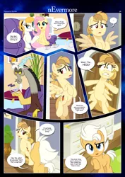 Size: 3259x4607 | Tagged: safe, artist:estories, derpibooru import, discord, fluttershy, oc, oc:alice goldenfeather, draconequus, pegasus, pony, comic:nevermore, comic, duo, embarrassed, female, filly, floppy ears, flying, gritted teeth, image, male, open mouth, png, shocked, sitting, solo, solo female, solo male, speech bubble, teeth