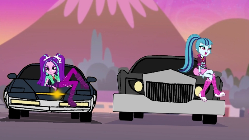 Size: 1200x675 | Tagged: safe, artist:thatradhedgehog, derpibooru import, edit, edited screencap, screencap, aria blaze, sonata dusk, equestria girls, image, jpeg, karr, knight rider, the car (1977)