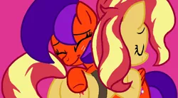 Size: 860x476 | Tagged: safe, artist:jadethepegasus, artist:venomous-cookietwt, derpibooru import, sunset shimmer, oc, oc:jade the pegasus, pegasus, pony, unicorn, base used, blushing, butt, canon x oc, eyes closed, female, hug, image, lesbian, mare, pink background, plot, png, raised hoof, simple background