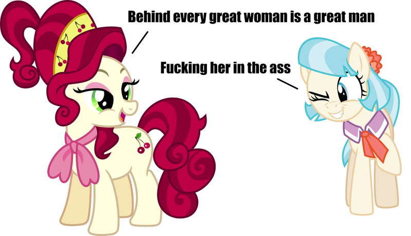 Size: 1738x1000 | Tagged: questionable, derpibooru import, cherry jubilee, coco pommel, earth pony, pony, coco is an anal slut, female, image, mare, one eye closed, png, simple background, vector, vulgar, wink