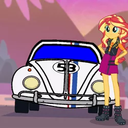 Size: 768x768 | Tagged: safe, artist:thatradhedgehog, derpibooru import, edit, edited screencap, screencap, sunset shimmer, equestria girls, female, herbie, image, jpeg, the love bug, volkswagen beetle