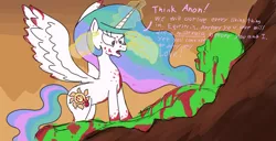 Size: 1421x725 | Tagged: semi-grimdark, artist:notawriteranon, derpibooru import, princess celestia, oc, oc:anon, alicorn, human, pony, blood, hand, image, invincible, magic, magic hands, meme, png, redraw, think mark, yandere