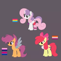 Size: 1102x1102 | Tagged: safe, artist:circuspaparazzi5678, derpibooru import, apple bloom, scootaloo, sweetie belle, earth pony, pegasus, pony, unicorn, amputee, artificial wings, augmented, base used, base:selenaede, bisexual, bisexual pride flag, clothes, cutie mark crusaders, duskyverse, ear piercing, earring, female, genderfluid, genderfluid pride flag, image, jewelry, lesbian, lesbian pride flag, metal wing, necklace, pansexual, pansexual pride flag, piercing, png, pride, pride flag, prosthetic limb, prosthetic wing, prosthetics, socks, solo, tongue out, tongue piercing, wings