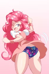 Size: 1333x2000 | Tagged: suggestive, artist:imsomethingradical, derpibooru import, pinkie pie, human, clothes, dress, female, gradient background, humanized, image, png, pony print underwear, purple underwear, skirt, solo, underwear, upskirt