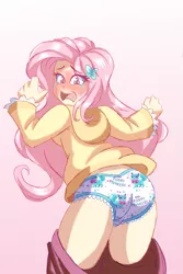 Size: 1333x2000 | Tagged: suggestive, artist:imsomethingradical, derpibooru import, fluttershy, human, blushing, clothes, embarrassed, embarrassed underwear exposure, female, frilly underwear, gradient background, heart, heart print underwear, humanized, image, png, solo, underwear, wardrobe malfunction, white underwear