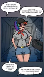 Size: 620x1085 | Tagged: suggestive, artist:husdur, derpibooru import, rainbow dash, human, comic:catnip, baseball cap, belt, black lipstick, breasts, busty rainbow dash, camera shot, cap, clothes, collar, denim shorts, erect nipples, gym bag, hat, humanized, image, jpeg, lipstick, neckerchief, night, nipple outline, open clothes, open mouth, open shirt, phone, phone call, shorts, speech bubble, sunglasses, video call, vulgar