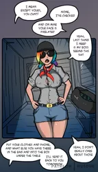 Size: 620x1085 | Tagged: suggestive, artist:husdur, derpibooru import, rainbow dash, human, comic:catnip, baseball cap, belt, black lipstick, breasts, busty rainbow dash, camera shot, cap, clothes, collar, denim shorts, erect nipples, gym bag, hat, humanized, image, jpeg, lipstick, neckerchief, night, nipple outline, open clothes, open mouth, open shirt, phone, phone call, shorts, speech bubble, sunglasses, video call, vulgar