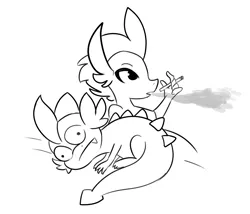 Size: 3503x3000 | Tagged: suggestive, artist:tjpones, derpibooru import, smolder, spike, dragon, aftersex, black and white, cigarette, dragoness, female, grayscale, high res, i've seen some shit, image, implied sex, male, monochrome, png, shipping, simple background, smoking, spolder, straight, white background