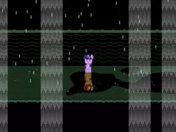 Size: 1280x960 | Tagged: safe, artist:horses are fuckin weird, derpibooru import, sunset shimmer, chara, charaset, equestale, fake screencap, frisk, hidden face, image, implied sunset shimmer, pixel art, png, puddle, rain, reflection, sprite, twilight friskle, undertale, waterfall