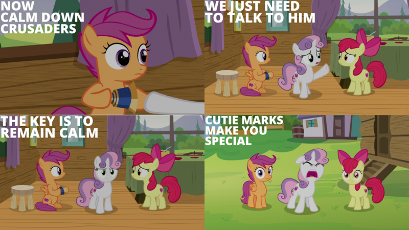 Size: 1280x720 | Tagged: safe, derpibooru import, edit, edited screencap, editor:quoterific, screencap, apple bloom, scootaloo, sweetie belle, earth pony, pegasus, pony, unicorn, marks and recreation, apple bloom's bow, bow, cutie mark crusaders, eyes closed, female, filly, hair bow, image, mare, open mouth, png, smiling, yelling