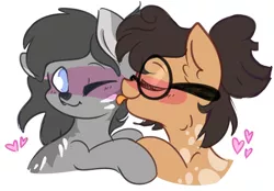 Size: 3600x2500 | Tagged: safe, artist:sb66, derpibooru import, oc, oc:crescent, oc:nixie tube, unofficial characters only, bat pony, earth pony, hybrid, sphinx, blushing, dappled, ear fluff, glasses, heart, image, licking, one eye closed, png, tongue out