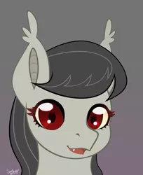 Size: 3000x3672 | Tagged: safe, artist:77jessieponygames77, derpibooru import, octavia melody, bat pony, pony, bat ponified, batavia, bust, ear tufts, fangs, female, gray background, image, looking at you, mare, png, race swap, red eyes, simple background, solo, species swap