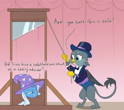 Size: 1800x1600 | Tagged: safe, artist:rocket-lawnchair, derpibooru import, gabby, trixie, gryphon, pony, unicorn, /mlp/, assistant, assistant's outfit, bowtie, clothes, drawthread, duo, female, guillotine, hat, image, imminent decapitation, jpeg, magic trick, mare, requested art, this will end in death, too dumb to live, top hat, trixie's hat, tuxedo, worried