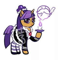 Size: 1420x1483 | Tagged: safe, artist:aq3yqsvcu1hnema, derpibooru import, ponified, ghost, pony, undead, unicorn, blackberry cookie, candle, clothes, cookie run, female, hair bun, image, jpeg, lipstick, maid, makeup, simple background, socks, solo, watermark, white background