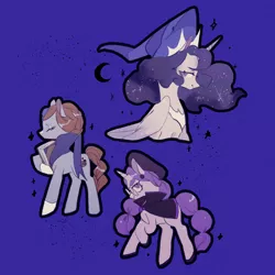 Size: 1066x1066 | Tagged: safe, artist:鳥居線, derpibooru import, ponified, alicorn, earth pony, pony, unicorn, alchemist cookie, blue background, blueberry pie cookie, cookie run, female, glasses, hat, image, moonlight cookie, png, simple background