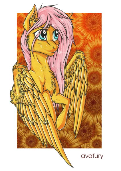 Size: 2480x3508 | Tagged: safe, artist:avafury, derpibooru import, fluttershy, pegasus, pony, cheek fluff, chest fluff, ear fluff, eye clipping through hair, female, floral background, flower, image, mare, png, solo, sunflower