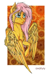 Size: 2480x3508 | Tagged: safe, artist:avafury, derpibooru import, fluttershy, pegasus, pony, cheek fluff, chest fluff, ear fluff, eye clipping through hair, female, floral background, flower, image, mare, png, solo, sunflower