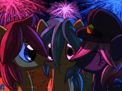 Size: 800x600 | Tagged: safe, artist:rangelost, derpibooru import, oc, oc:moonflower, oc:trailblazer, oc:windcaller, unofficial characters only, bat pony, earth pony, pony, bat pony oc, bat wings, female, fireworks, hat, image, kissing, male, mare, pixel art, png, stallion, trio, watermark, wings