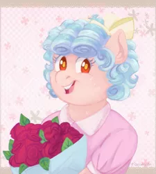 Size: 765x850 | Tagged: safe, artist:pigeorgien, derpibooru import, cozy glow, anthro, pegasus, pony, bouquet of flowers, bow, clothes, dress, female, filly, flower, hair bow, image, png, pure concentrated unfiltered evil of the utmost potency, pure unfiltered evil, rose, smiling, solo
