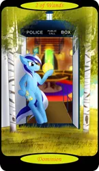 Size: 1500x2595 | Tagged: safe, artist:sixes&sevens, derpibooru import, part of a set, minuette, unicorn, bipedal, bipedal leaning, crystal ball, doctor who, female, grass, image, leaning, minor arcana, outdoors, png, solo, tardis, tarot card, tree, two of wands