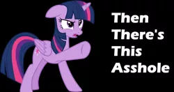 Size: 6392x3376 | Tagged: safe, artist:cloudyglow, artist:twilyisbestpone, derpibooru import, twilight sparkle, twilight sparkle (alicorn), alicorn, pony, and then there's this asshole, angry, black background, derpibooru exclusive, female, image, mare, open mouth, png, pointing, raised hoof, simple background, solo, vector, vulgar