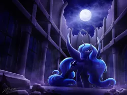 Size: 1024x768 | Tagged: safe, artist:novaintellus, derpibooru import, princess luna, alicorn, pony, castle of the royal pony sisters, female, full moon, image, jpeg, looking at you, mare, moon, night, rock, sky, solo, spread wings, wings