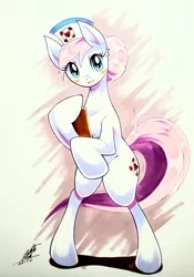 Size: 1436x2048 | Tagged: safe, artist:025aki, derpibooru import, nurse redheart, earth pony, pony, bipedal, image, jpeg, looking at you, signature, solo