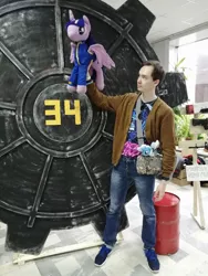 Size: 768x1024 | Tagged: safe, derpibooru import, trixie, twilight sparkle, human, fallout equestria, 2021, cyrillic, image, irl, irl human, jpeg, newbronycon, photo, plushie, rubronycon, russian, vault door