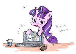 Size: 3463x2480 | Tagged: safe, artist:nendo, derpibooru import, starlight glimmer, pony, unicorn, computer, computer mouse, dialogue, female, glass of water, high res, image, laptop computer, mare, png, s5 starlight, solo, table
