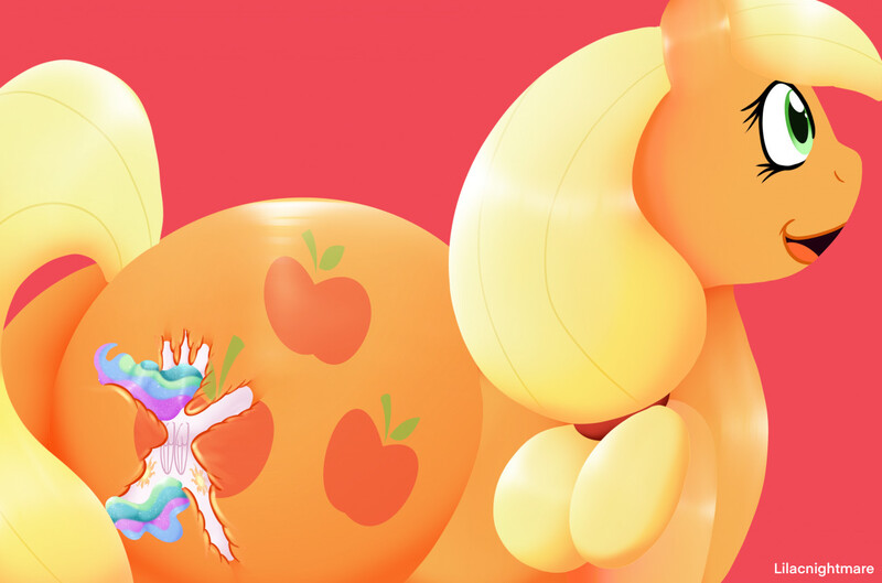 Size: 1280x846 | Tagged: questionable, artist:lilacnightmare, derpibooru import, applejack, princess celestia, alicorn, earth pony, inflatable pony, pony, pooltoy pony, applebutt, balloon, belly, big belly, butt, female, fetish, huge belly, image, inanimate object, inanimate tf, inflatable, inflatable fetish, inflation, jpeg, mare, open mouth, squish, squishy, tongue out, transformation