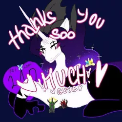 Size: 640x640 | Tagged: safe, artist:_goddesskatie_, derpibooru import, changeling queen oc, oc, unofficial characters only, alicorn, changeling, changeling queen, pony, alicorn oc, blue background, blushing, female, grammar error, horn, horns, image, jpeg, leonine tail, looking back, mare, milestone, simple background, smiling, wings