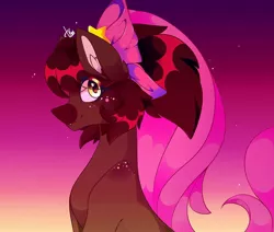 Size: 1080x915 | Tagged: safe, artist:tessa_key_, derpibooru import, oc, unofficial characters only, earth pony, pony, bow, bust, ear fluff, earth pony oc, female, gradient background, hair bow, image, jpeg, mare, signature, smiling, solo