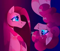 Size: 1080x915 | Tagged: safe, alternate version, artist:tessa_key_, derpibooru import, pinkie pie, earth pony, pony, abstract background, blood, bust, duality, female, image, jpeg, looking at each other, makeup, mare, nosebleed, pinkamena diane pie, self ponidox, signature, smiling, upside down