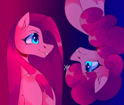 Size: 1080x915 | Tagged: safe, alternate version, artist:tessa_key_, derpibooru import, pinkie pie, earth pony, pony, abstract background, bust, duality, female, image, jpeg, looking at each other, makeup, mare, pinkamena diane pie, self ponidox, signature, smiling, upside down