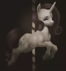 Size: 1311x1416 | Tagged: safe, artist:kemikel, derpibooru import, rarity, pony, unicorn, carousel, chest, desaturated, digital art, eyeshadow, female, horn, image, jpeg, jumping, leaping, looking at you, makeup, muscles, painting, pecs, pole, realistic anatomy, solo, solo female